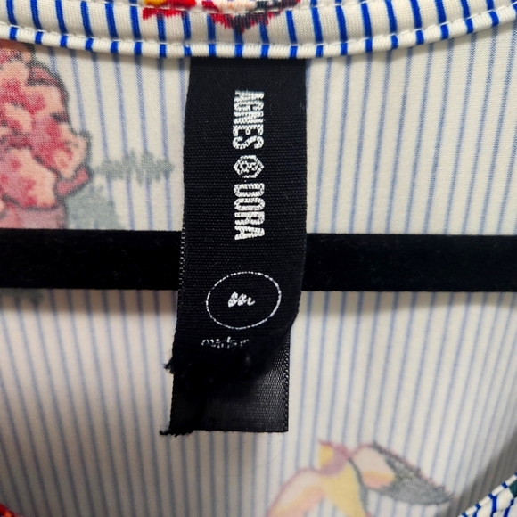 Agnes & Dora Tunic Tank Blue White Pinstripes Floral Birds Size M Flowy Stretch - Picture 3 of 4